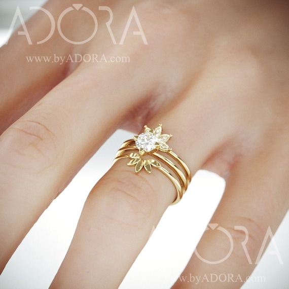 Handmade 14k Gold Bridal Set 3 Rings 14K Gold Wedding Ring Set