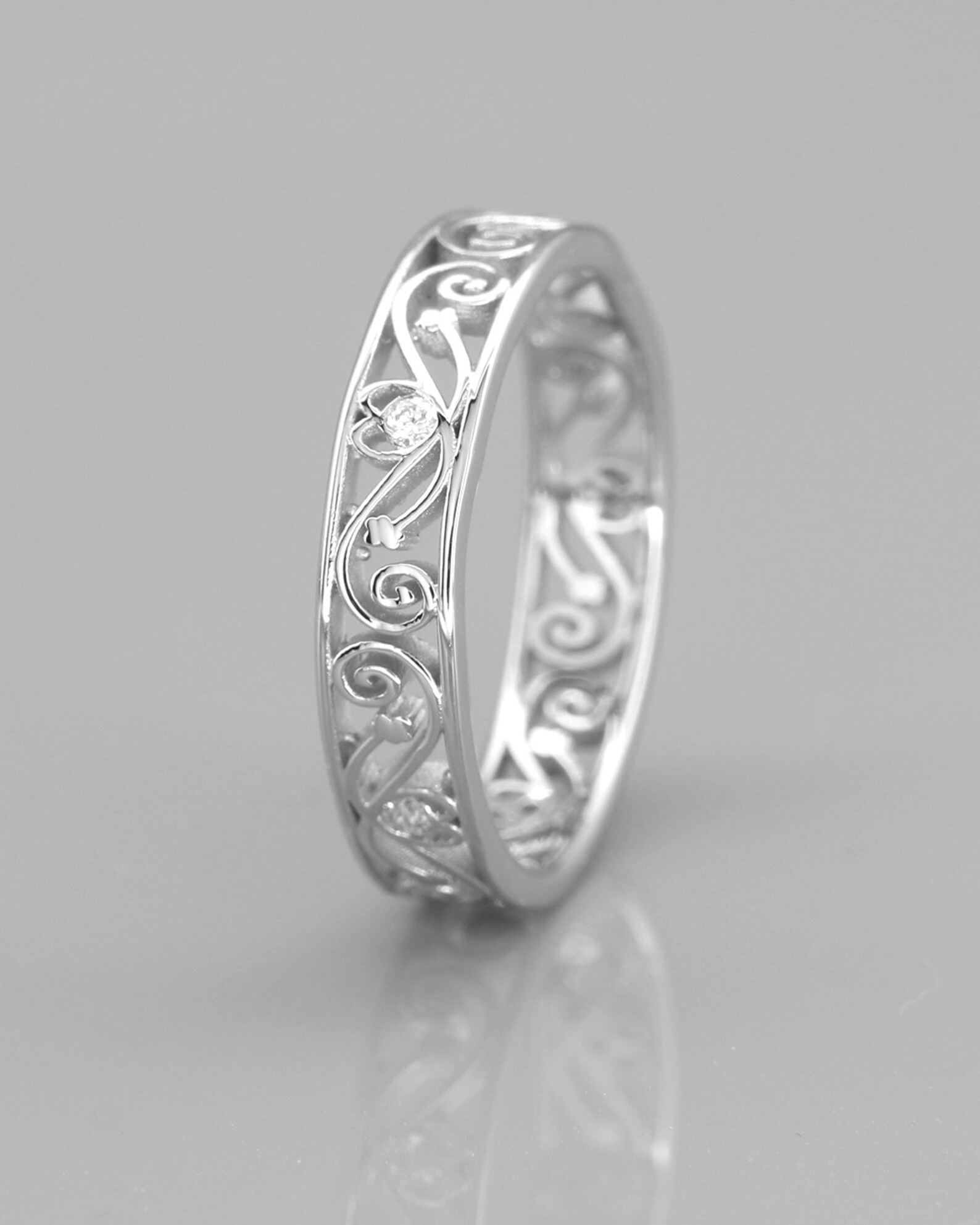 14k White Gold Filigree Women Wedding Ring set with Diamonds Etsy