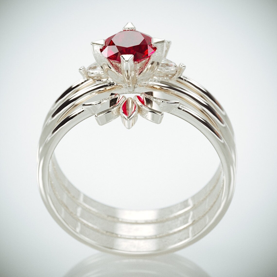 Ruby Bridal Set 3 Rings 14k White gold wedding ring set with | Etsy