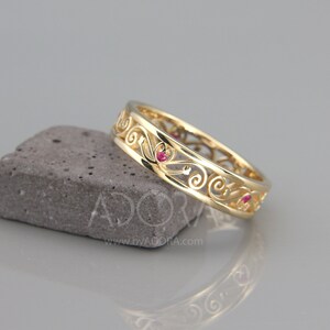 Ruby Filigree Wedding Ring | Solid Gold Filigree Band set with Natural Ruby | Woman Wedding Ring set with Ruby