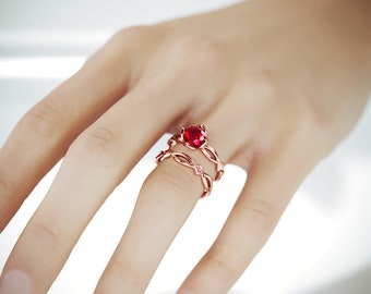 Anillo de compromiso de rubí delicado hecho a mano / Anillo de compromiso de oro rosa con rubí natural y diamantes / Anillo de rubí y diamantes