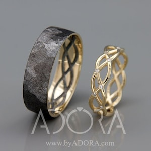 Handmade His and Hers Wedding Ring Set | 14k Gold Wedding Band Set with Diamonds | His and Hers Wedding Band Set | Black Rose Gold Ring