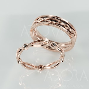 Handmade 14k Rose Gold His and Hers Celtic Wedding Bands Set | Celtic Wedding Rings Set with Black Diamonds | Black Rose Gold Ring