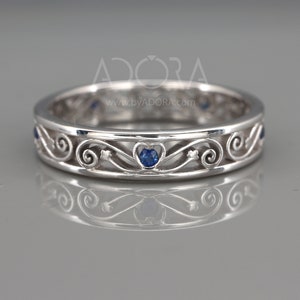 14k White Gold Filigree Wedding Ring set with Blue Sapphire | 14k White Gold Wedding Ring in Filigree Style | Sapphire Filigree Ring