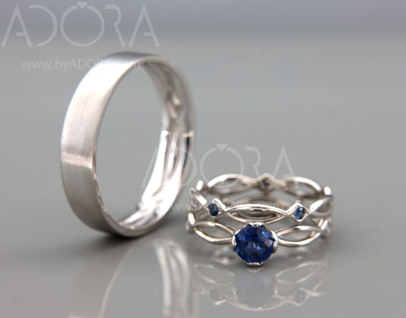 His And Hers 14K White Gold Rings - Celtic Sapphire Engagement Rings - Wedding Ring Set - Greek Goddess Wedding Jewelry -Sapphire Bridal Set