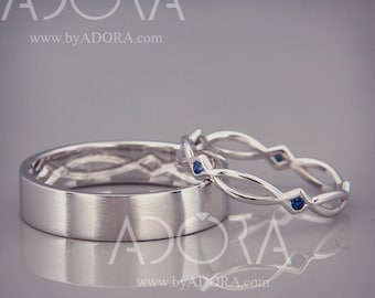 14K White Gold Eternity Wedding Rings set with Blue Sapphire | Handmade 14k white gold celtic wedding Rings | His and Hers Wedding Bands