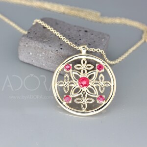 Celtic Necklace Gold - 14K Yellow Gold Natural Ruby Pendant - Unique Gothmas Jewelry - Gothmas Gift For Her - Flower Ruby Celtic Necklace