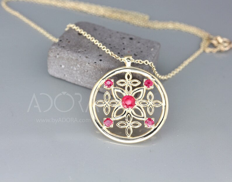 Celtic Necklace Gold - 14K Yellow Gold Natural Ruby Pendant - Unique Gothmas Jewelry - Gothmas Gift For Her - Flower Ruby Celtic Necklace
