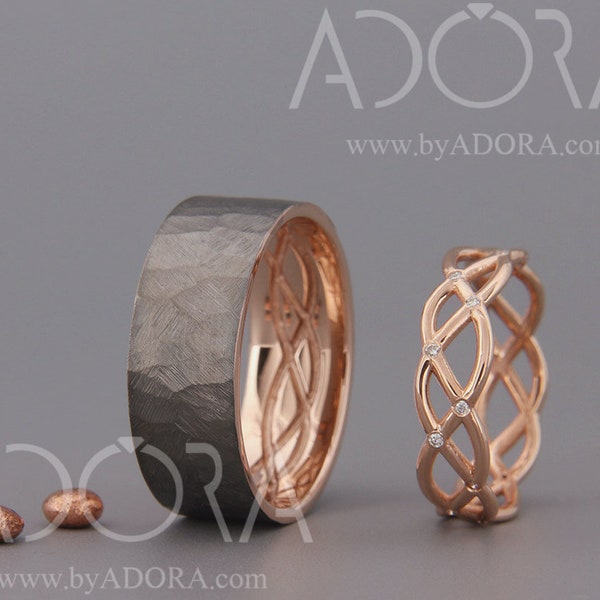 Anillo de boda hecho a mano para él y para ella - Alianza de oro rosa con diamantes - Anillo de oro rosa negro - Anillos celtas a juego para pareja