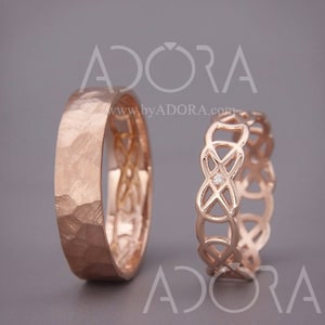 14K Rose Gold Celtic Wedding Rings set with Diamonds |Handmade 14k rose gold Celtic wedding Rings set |His and Hers Wedding Bands Set