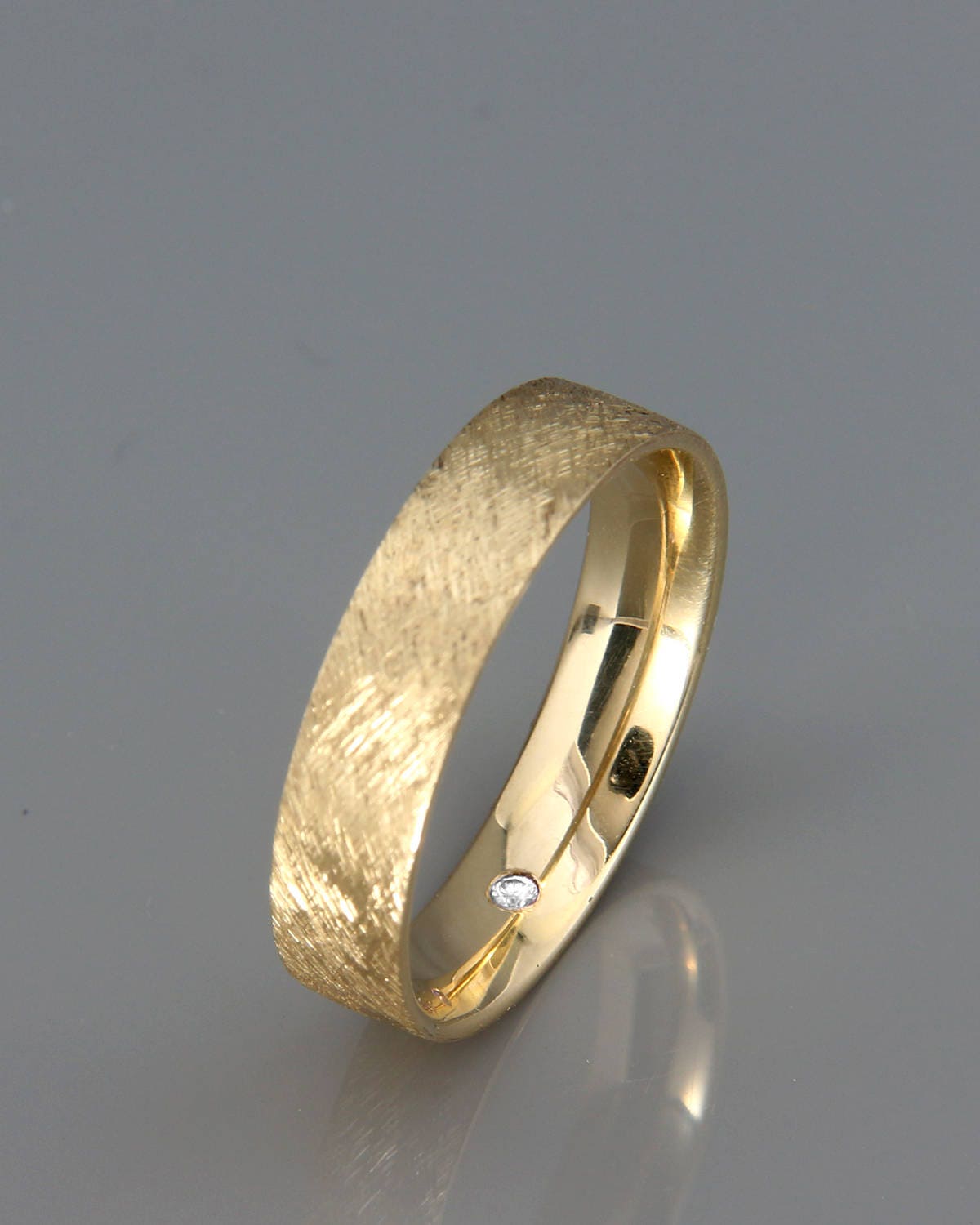 14k Gold Men's Wedding Ring set with a Hidden Diamond | Etsy