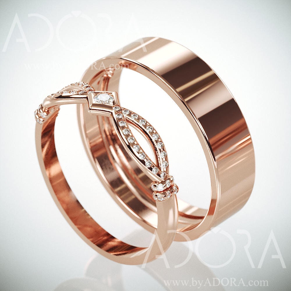 14K Rose Gold Royal Eternity Wedding Rings Set with Diamonds | Etsy