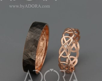 Handmade His and Hers Celtic Wedding Band Set | Rose Gold Knot Wedding Band Set with Diamonds | Black Rose Gold Eternity Ring Set