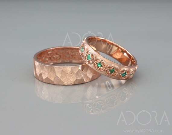 14K Rose Gold Celtic Flower Wedding Rings Set With Emeralds - Etsy