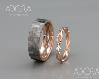 Conjunto de alianzas celtas para él y para ella / Anillo de bodas celta de oro rosa con diamantes / Anillos de boda de eternidad de oro rosa con rodio negro