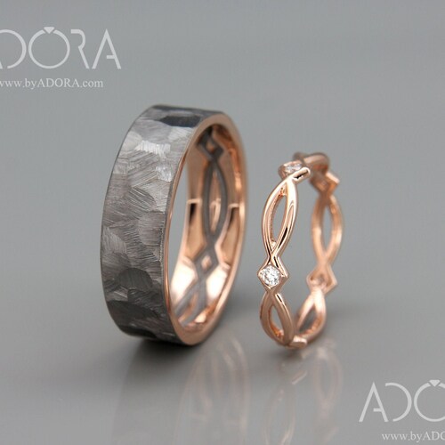 Black and rose gold wedding band sets Outlet