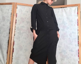 Linen Dress - Long Sleeve Dress - Dresses For Women -  Black Linen Dress - Long Women Dress - Shirt Linen Dress - Linen Dress With Pockets