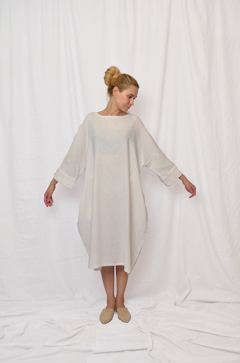 white dress women, linen dresses for women, plus size linen dress, long sleeves dress, linen womens clothing, white summer dress, linen image 2