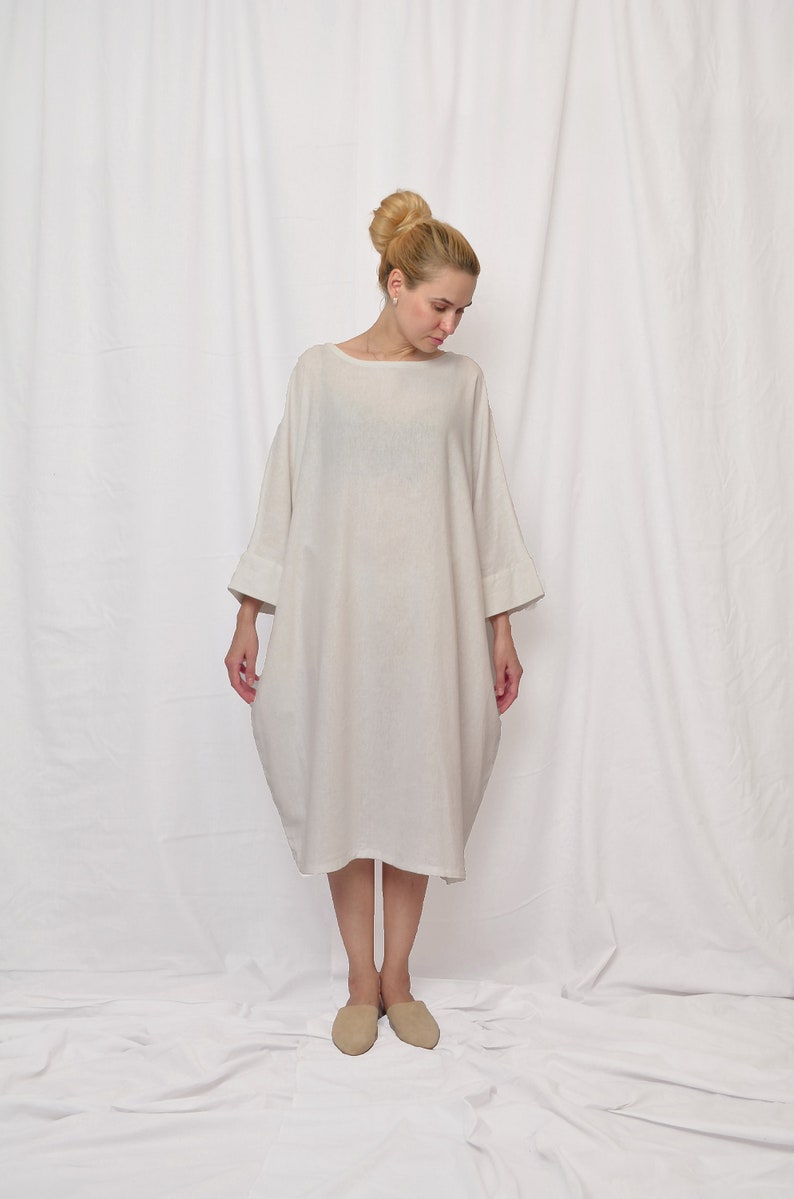 white dress women, linen dresses for women, plus size linen dress, long sleeves dress, linen womens clothing, white summer dress, linen image 3