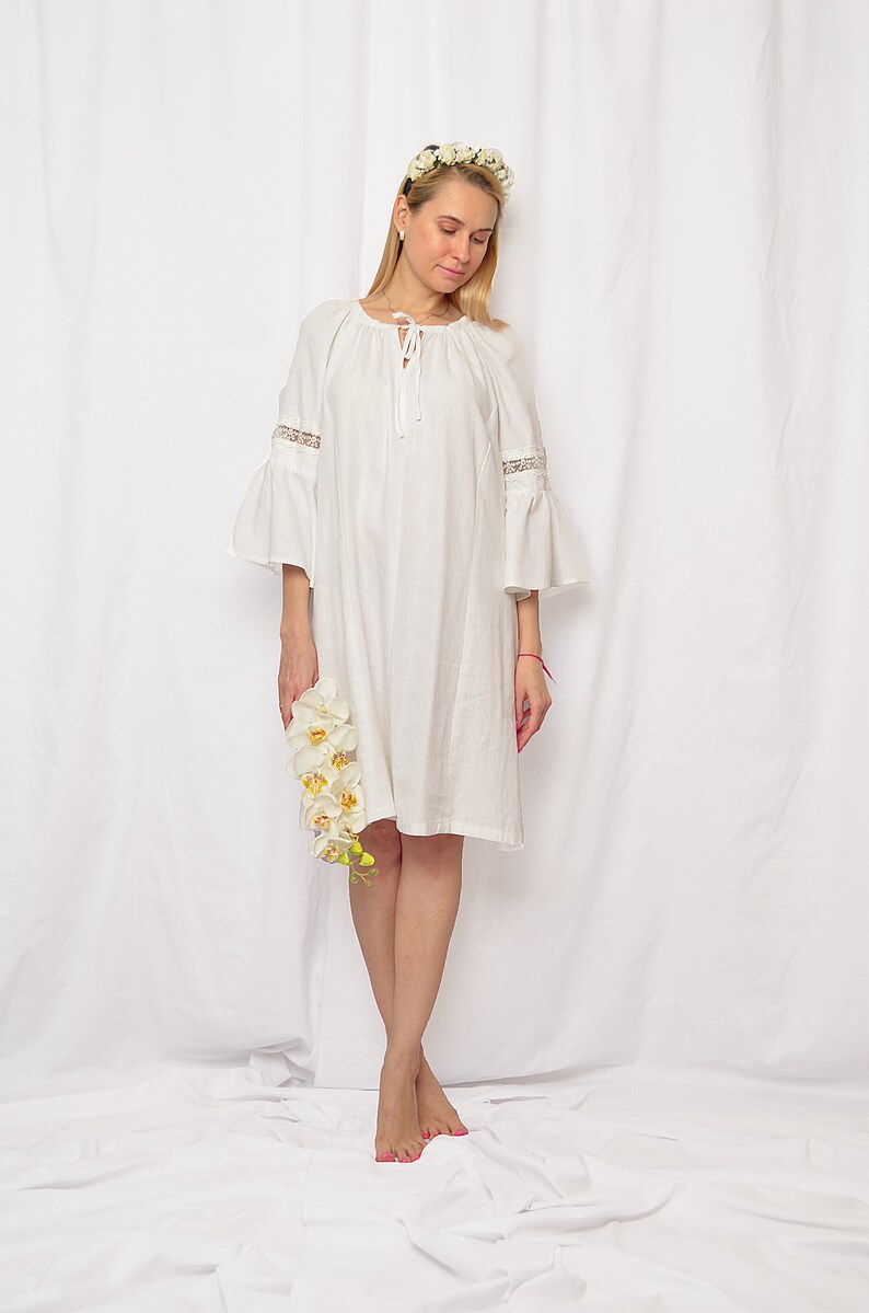 White linen dress lace wedding dress sleeves beach linen | Etsy