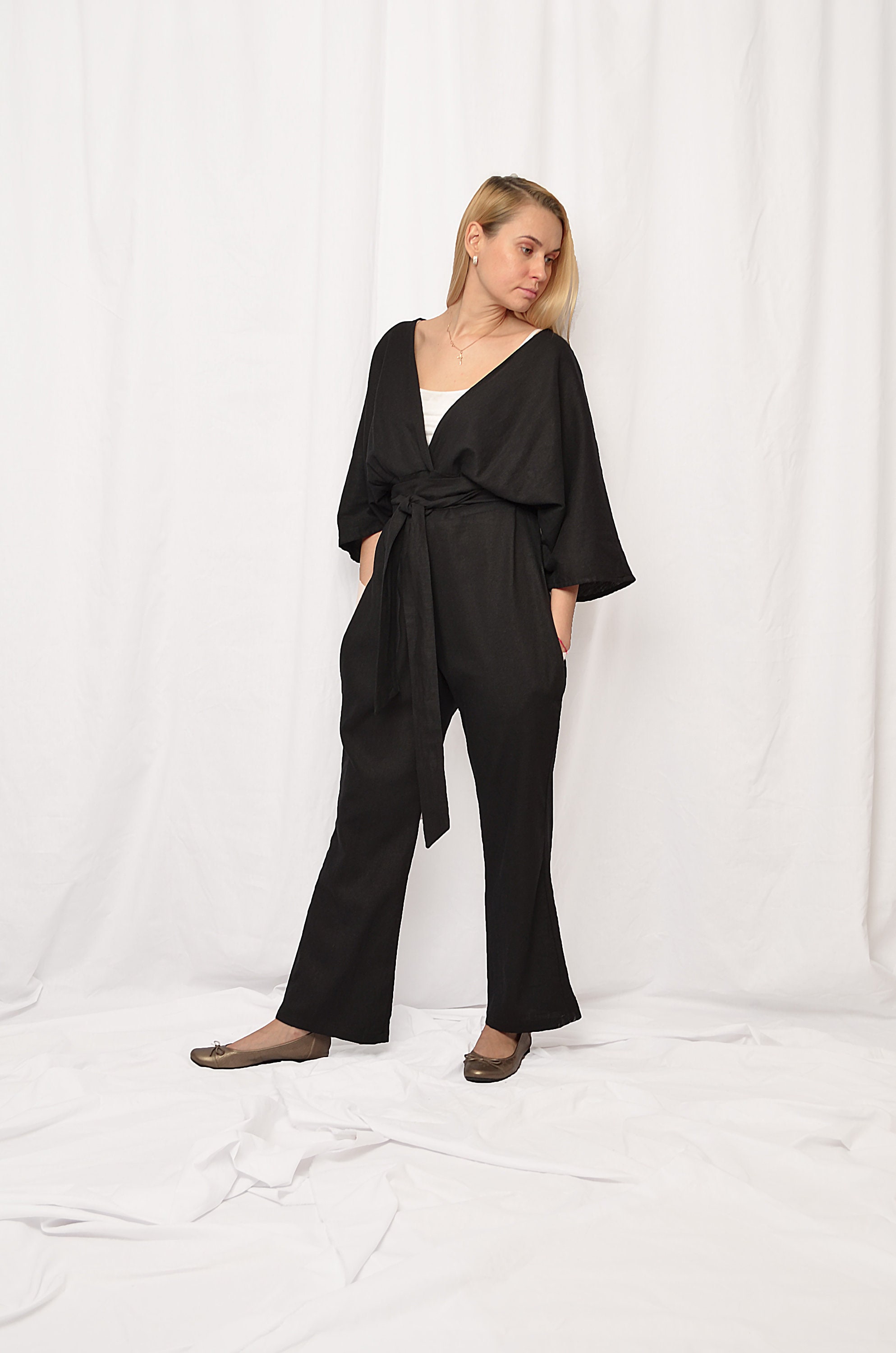 Women black linen jumpsuit linen black jumpsuit kimono style | Etsy