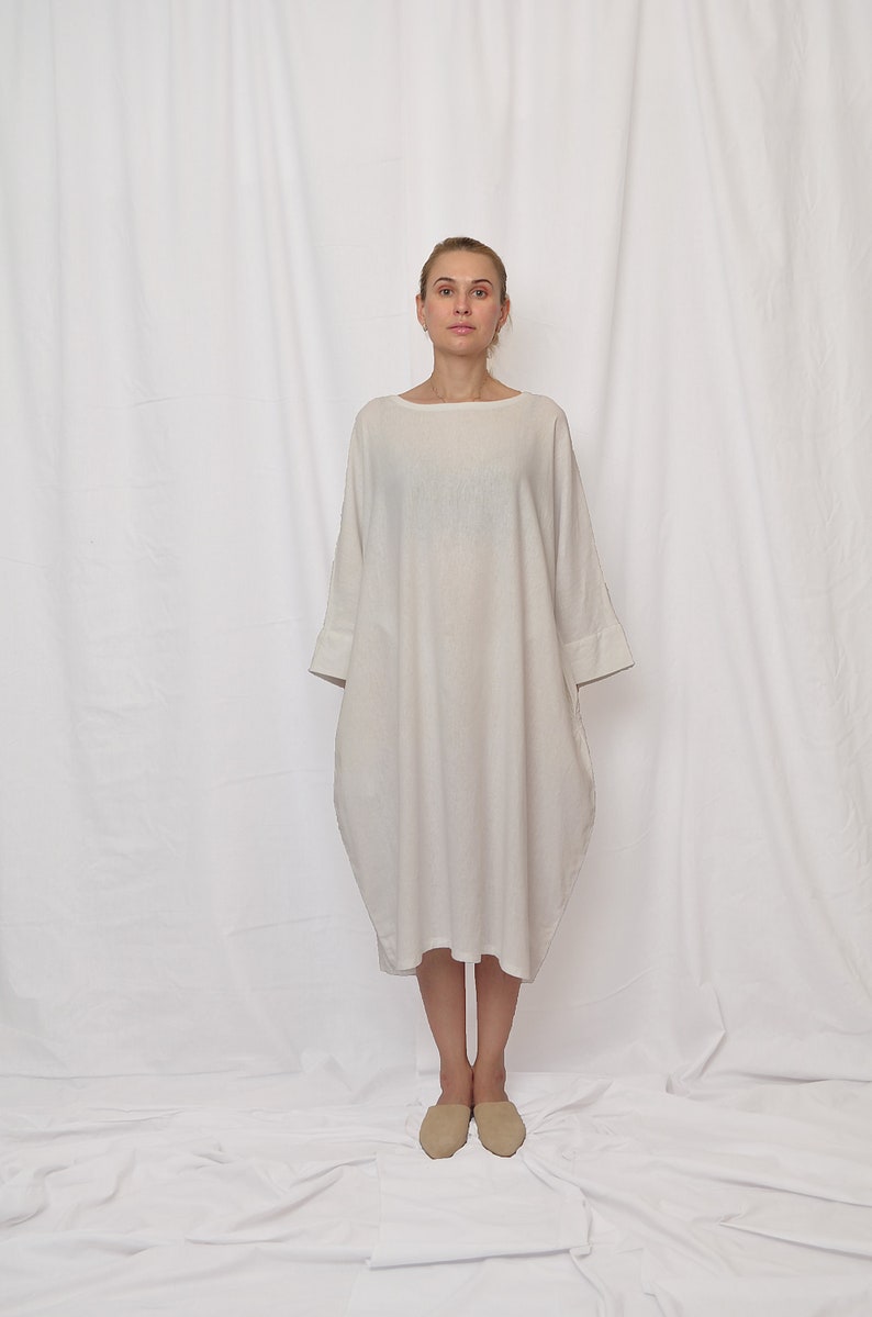 white dress women, linen dresses for women, plus size linen dress, long sleeves dress, linen womens clothing, white summer dress, linen image 5