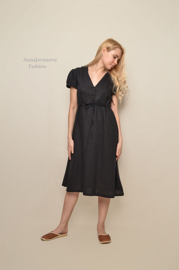 womens black linen dress