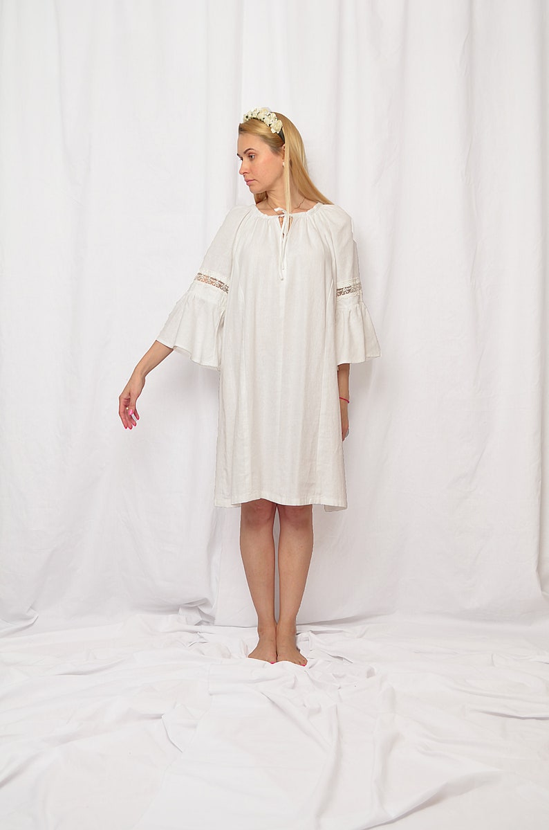 White Linen Dress Lace Wedding Dress Sleeves Beach Linen Etsy UK