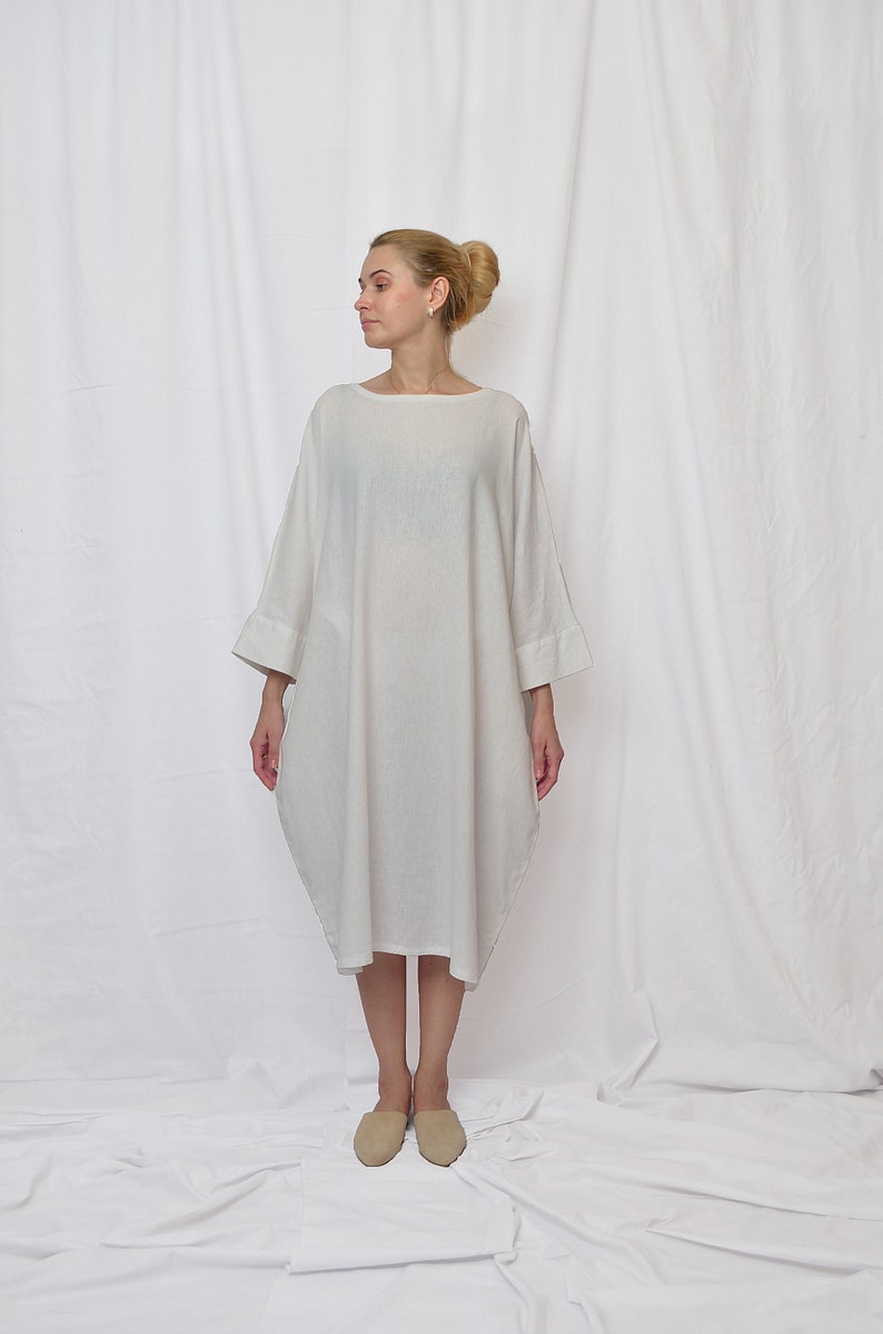 white dress women, linen dresses for women, plus size linen dress, long sleeves dress, linen womens clothing, white summer dress, linen image 8