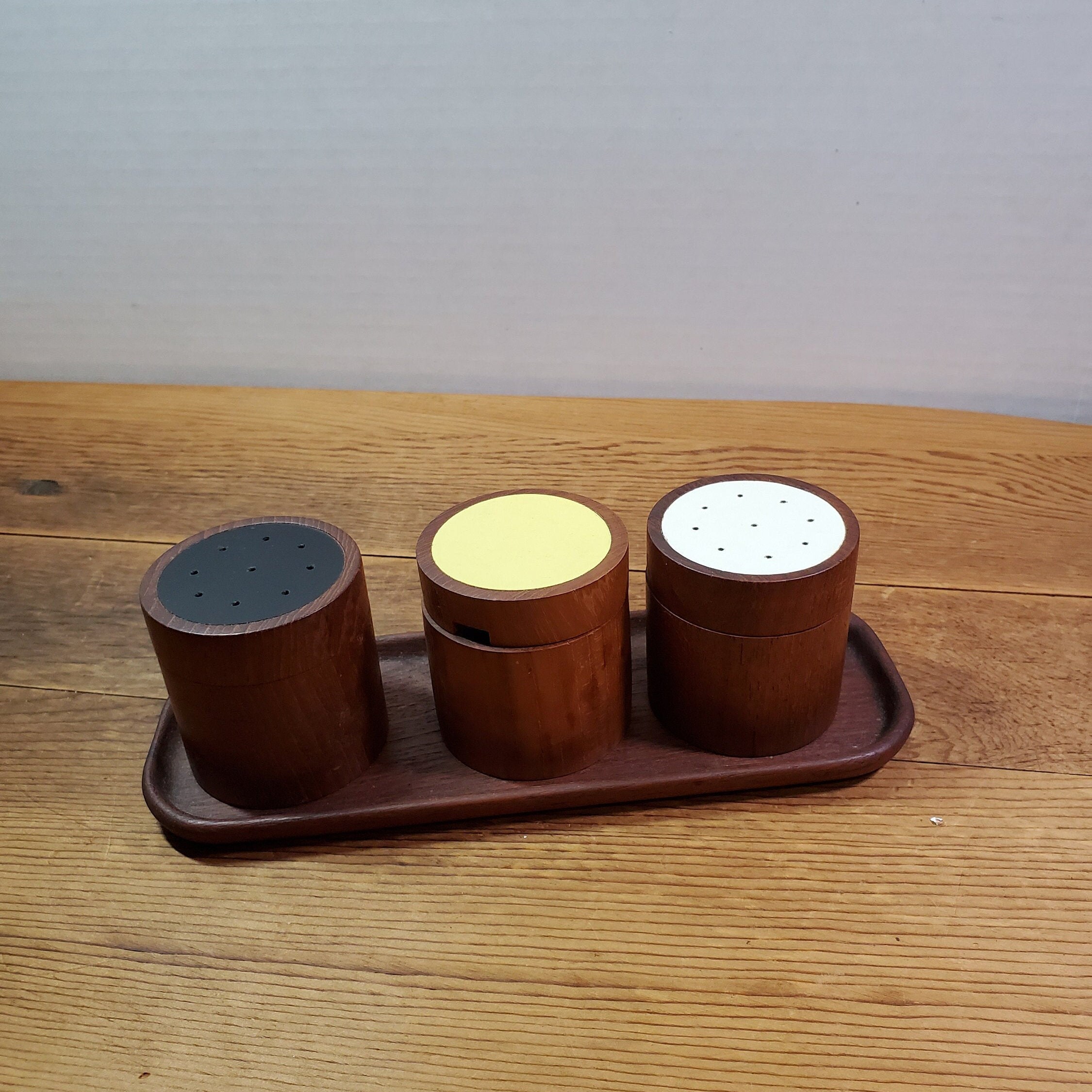 Danish 1960s Teak Wood Salt Pepper Sugar Set with Tray by Etsy