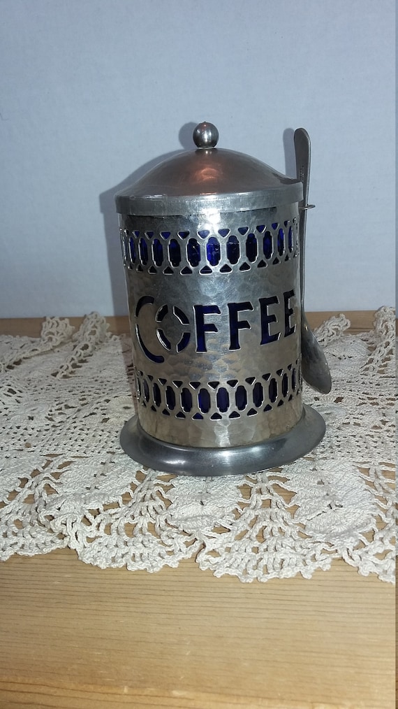 Vintage English Coffee Canister Silver Hammered Metal Blue Etsy