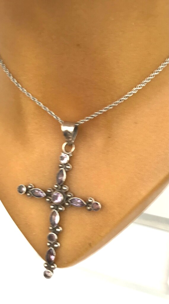 Solid Silver Amethyst Large Cross Pendant On Chai… - image 6