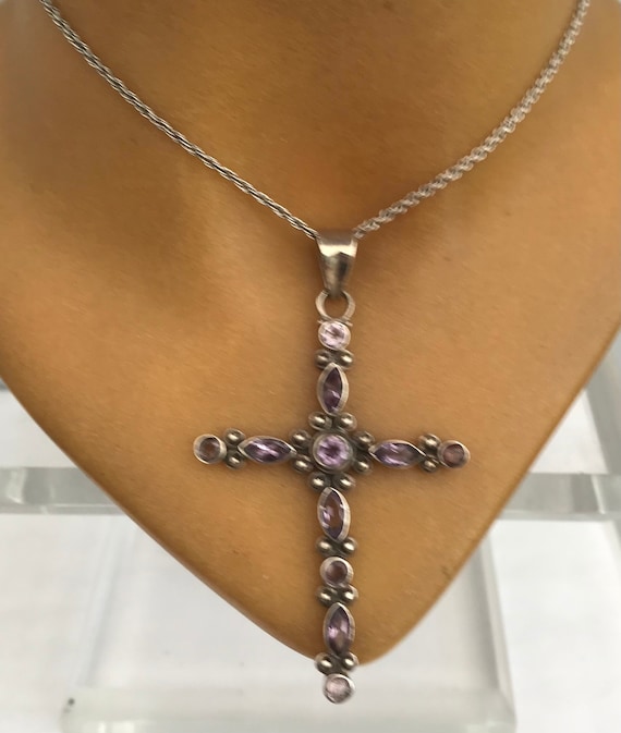 Solid Silver Amethyst Large Cross Pendant On Chai… - image 2