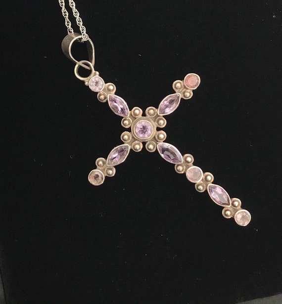 Solid Silver Amethyst Large Cross Pendant On Chai… - image 1