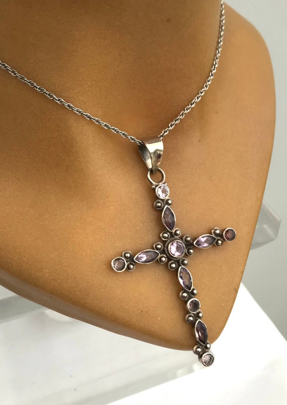 Solid Silver Amethyst Large Cross Pendant On Chai… - image 7