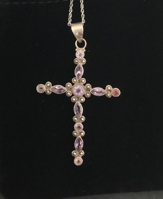 Solid Silver Amethyst Large Cross Pendant On Chai… - image 3