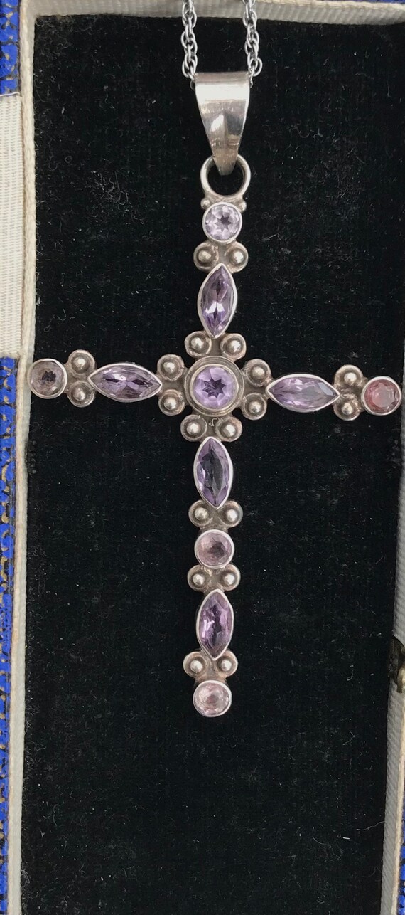 Solid Silver Amethyst Large Cross Pendant On Chai… - image 8