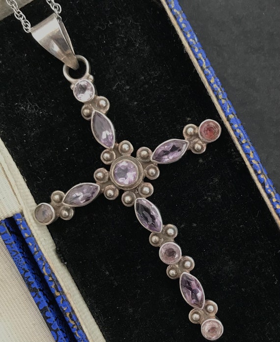 Solid Silver Amethyst Large Cross Pendant On Chai… - image 9