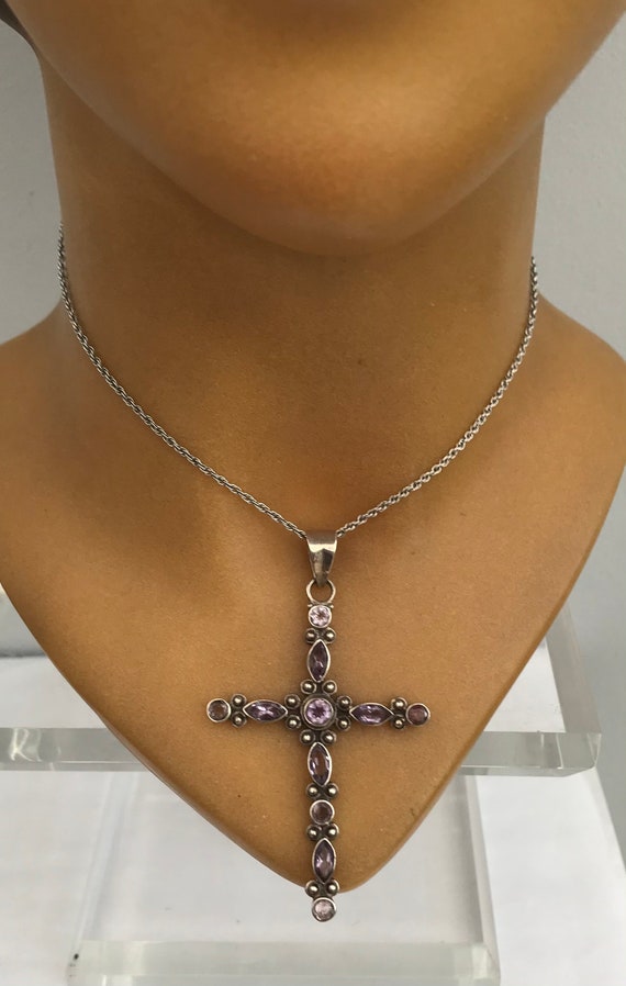 Solid Silver Amethyst Large Cross Pendant On Chai… - image 4