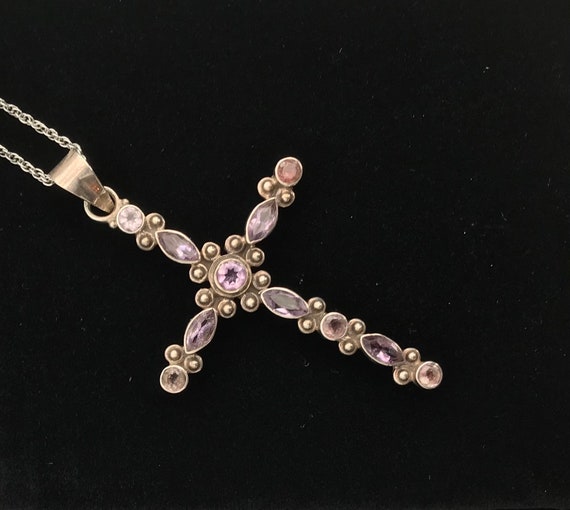 Solid Silver Amethyst Large Cross Pendant On Chai… - image 10
