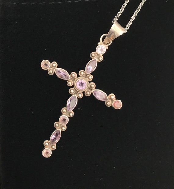 Solid Silver Amethyst Large Cross Pendant On Chai… - image 5