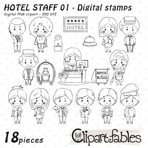 Selos digitais da EQUIPE DO HOTEL, Hospitalidade, Esboço, Arte de linha da equipe de funcionários do hotel, Ilustração do gerente - Download INSTANTÂNEO, Digital png