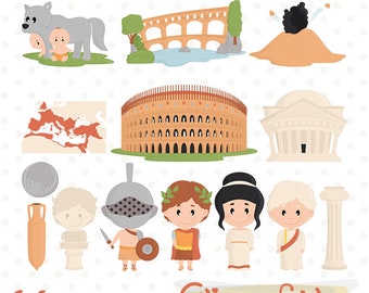 Cute Ancient Rome Clipart Set, Roman Gladiator Caesar and Colosseum PNG Graphics for Kids