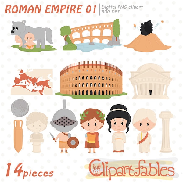 Cute ANCIENT ROME clipart, Toga Party, Travel clipart, Roman Empire, Aqueduct, Colosseum, Gladiator, Digital Printable, INSTANT download