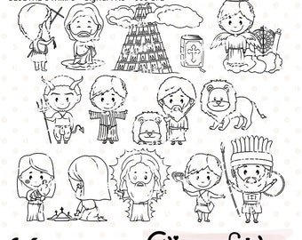 BIBLICAL STORIES digital stamps, Bible, Christian art, Joseph and the coat, David and Goliath, Outline, Colouring - INSTANT download