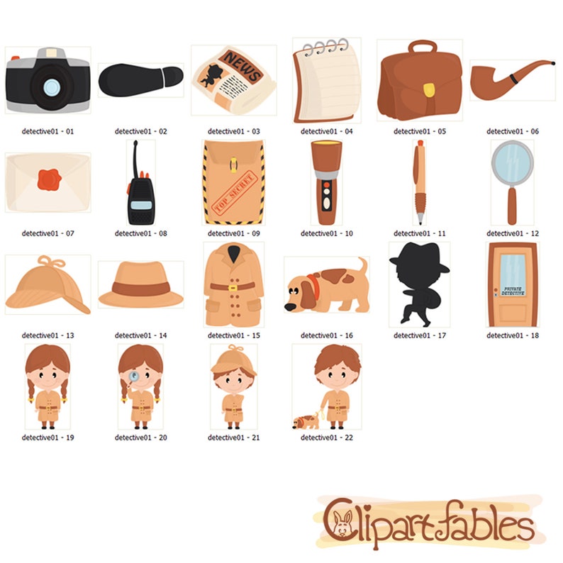May include: A set of 22 cartoon illustrations featuring detective-themed objects and characters. The illustrations include a camera, magnifying glass, notepad, briefcase, pipe, envelope, walkie-talkie, top secret envelope, flashlight, pen, dog, detective hat, and a detective character.