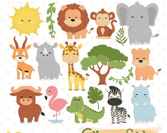 Cute SAFARI FRIENDS clipart, Baby animals, Jungle clipart, Digital printable art, Safari animals, Jungle birthday party - INSTANT download