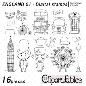 Timbres numériques ANGLETERRE, contour de l'Europe, LONDRES, Empire britannique, bus à impériale, dessin au trait taxi Londres - Téléchargement instantané, Numérique png thumbnail
