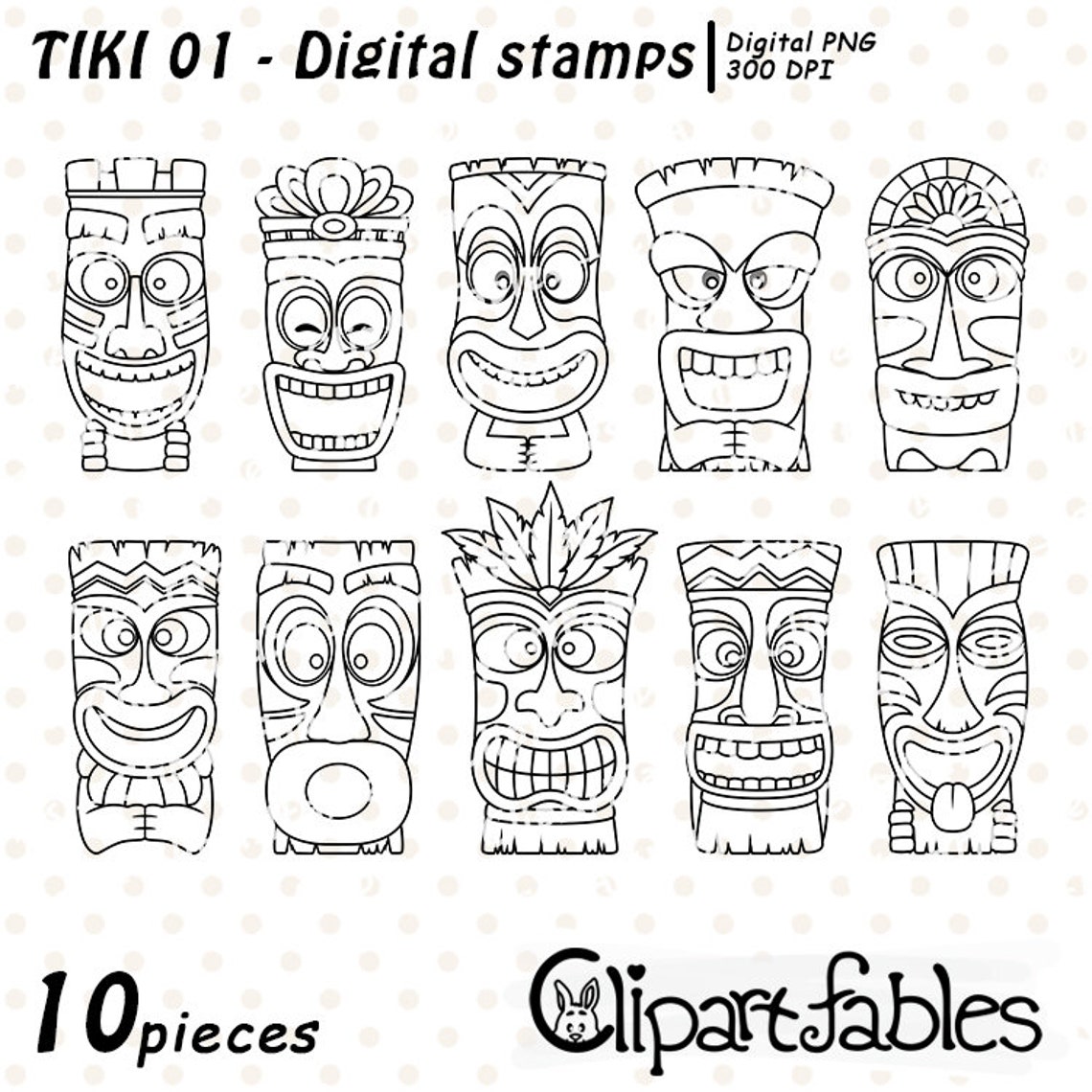 Cute TIKI MASK digital stamps Polynesian culture outline | Etsy
