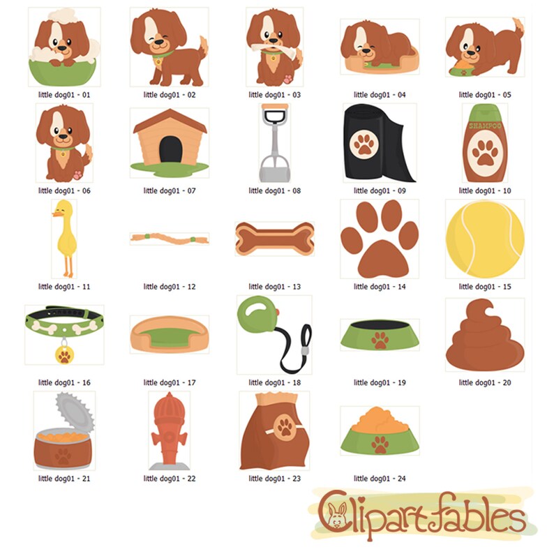 May include: A set of 24 colorful illustrations of dog-related items, including a dog in a bathtub, a dog house, a dog bone, a dog leash, a dog collar, a dog bowl, a dog toy, a dog treat, a dog bed, a dog poop, a dog food can, a fire hydrant, a bag of dog food, and a dog shampoo bottle. The illustrations are perfect for use in scrapbooking, card making, and other craft projects.